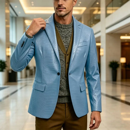 Vintage Men's Crocodile Embossed Leather Blazer Notch Lapel 1 Button Jacket Business Casual Formal Luxury Coat With Flap Pockets