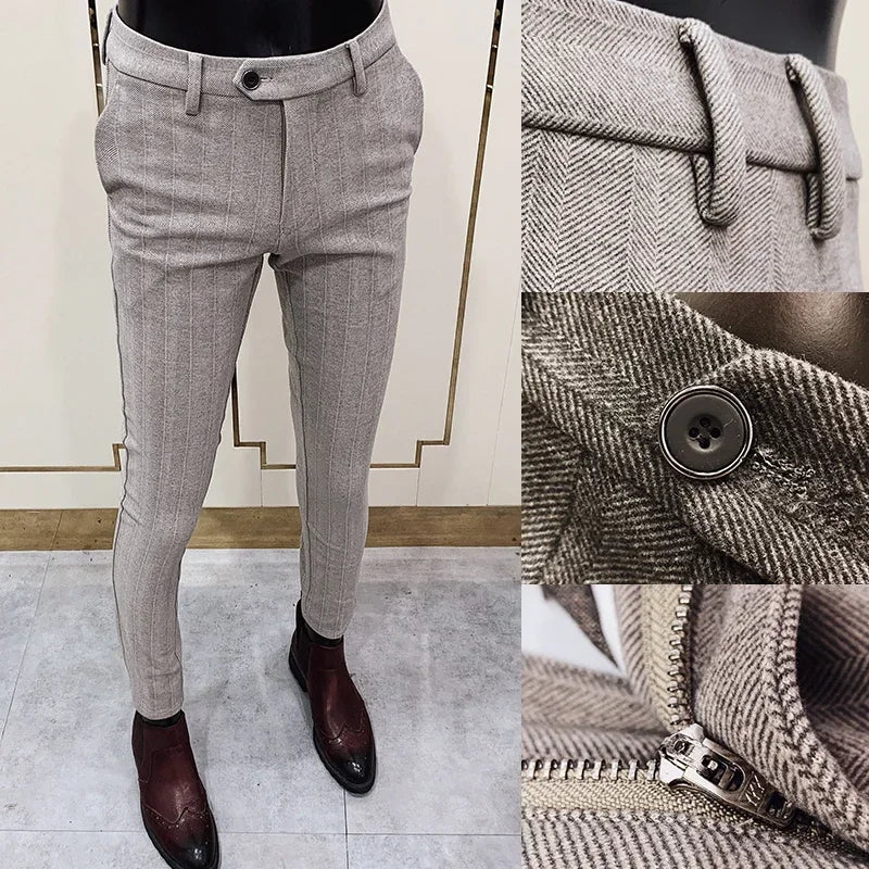 Autumn Winter Striped Woolen Cloth Suit Pants Men Casual Slim Straight Warm Trousers Formal Business Social Office Dress Pants