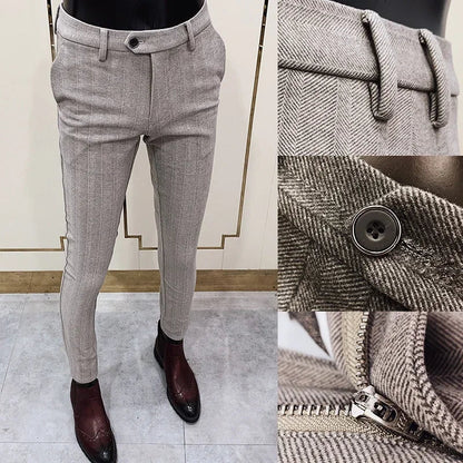 Autumn Winter Striped Woolen Cloth Suit Pants Men Casual Slim Straight Warm Trousers Formal Business Social Office Dress Pants