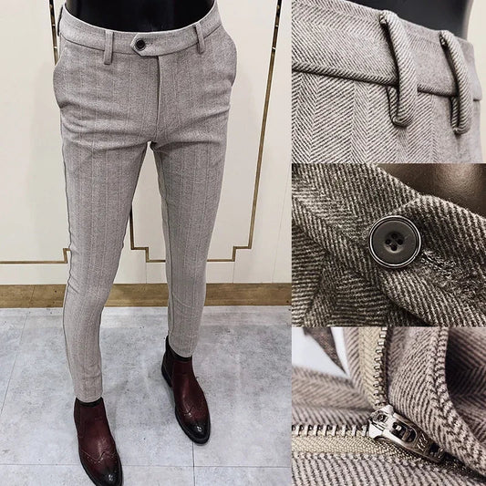 Autumn Winter Striped Woolen Cloth Suit Pants Men Casual Slim Straight Warm Trousers Formal Business Social Office Dress Pants