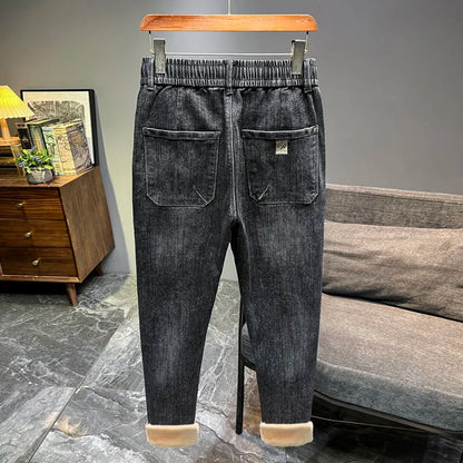 Warm Fleece Lined Elastic Waist Casual Straight Leg Men's Jeans Premium Quality Autumn Winter Thickened Stretch Denim Pants