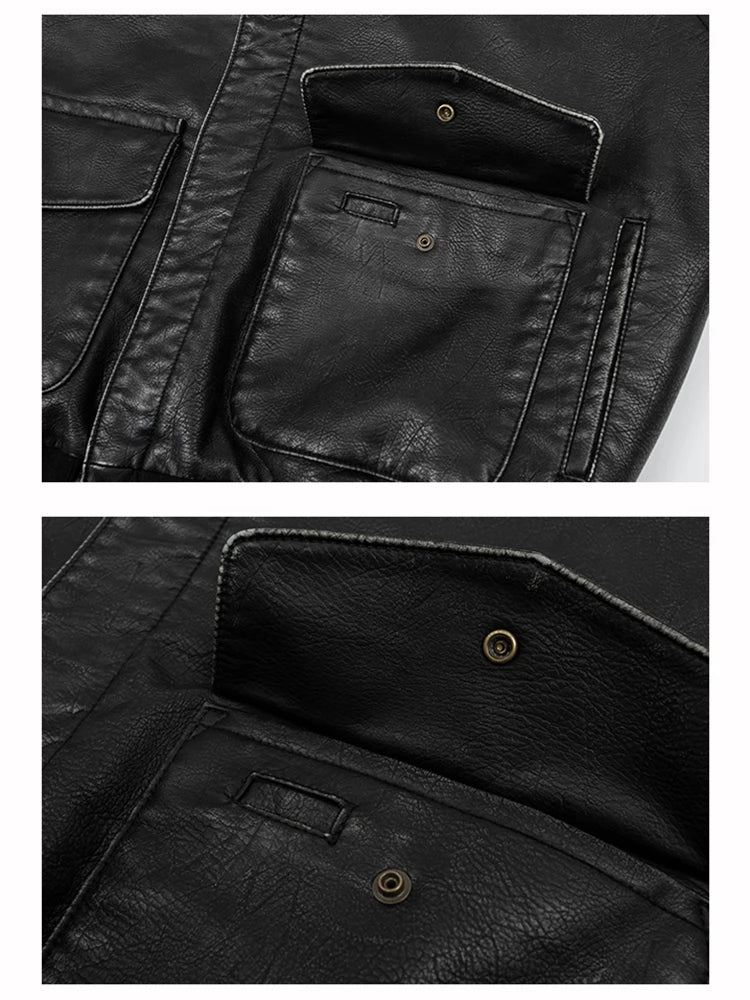 Spring Cool Handsome Oversized Vintage Distressed Black Pu Leather Jacket Men Pockets Luxury Designer Clothes 2024