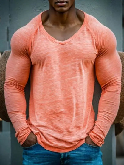 Men's  Long Sleeve V-Neck Fitness T-Shirt, Fashion Curved Hem Training Wear, Street Casual Daily Outfit, Gym Exercise Fitness