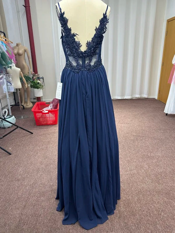 Navy Blue A Line Evening Dresses 2025 Elegant Beaded Appliques Illusion Prom Gowns Formal Party Vestido De Gala