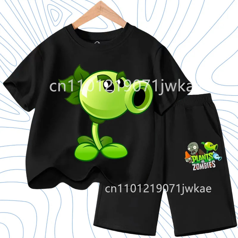 Children's Plants Vs. Zombies Short-Sleeved T-Shirt Set Cotton Summer Fashion Comfortable Top+pants for Boys and Girls