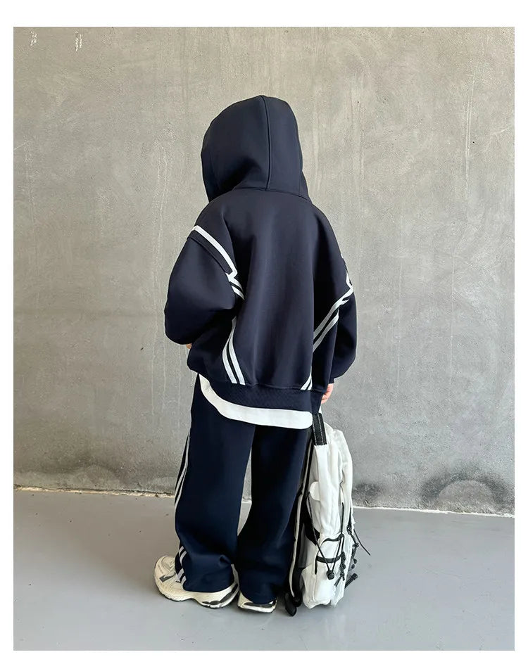SpringAutumn Boys Navy Striped Zip Sweatshirt Jacket+Sweatpant Work Set School Kids 2PCS Tracksuit Children Jogger Outfit 5-16Yr