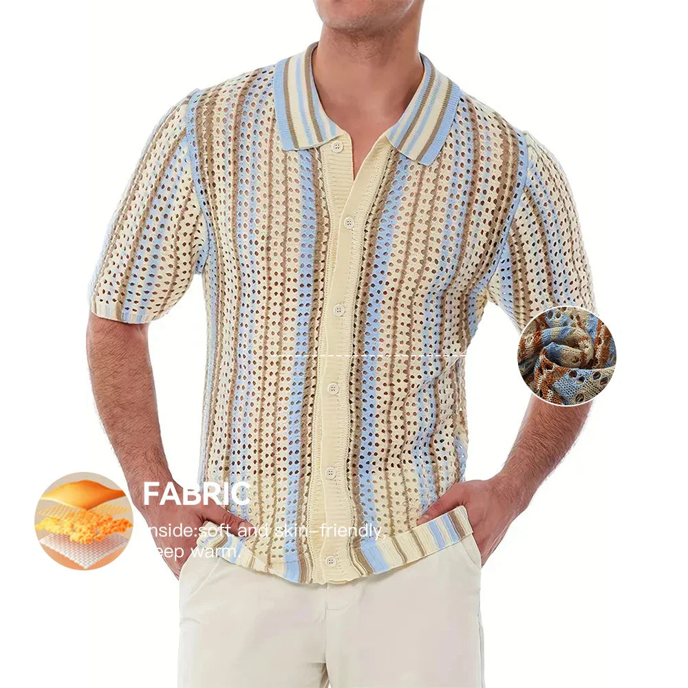 Men's Short Sleeve Summer Fashion Retro Knit Lapel Top Solid Color Soft Breathable Light Polo Knitwear Men US Size