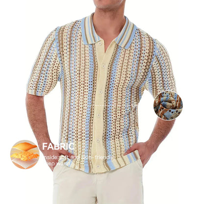 Men's Short Sleeve Summer Fashion Retro Knit Lapel Top Solid Color Soft Breathable Light Polo Knitwear Men US Size