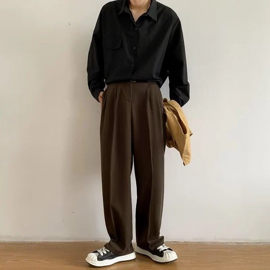 Brown Black Suit Pants Men Fashion Social Mens Dress Pants Korean Loose Straight Wide Leg Pants Mens Office Formal Trousers