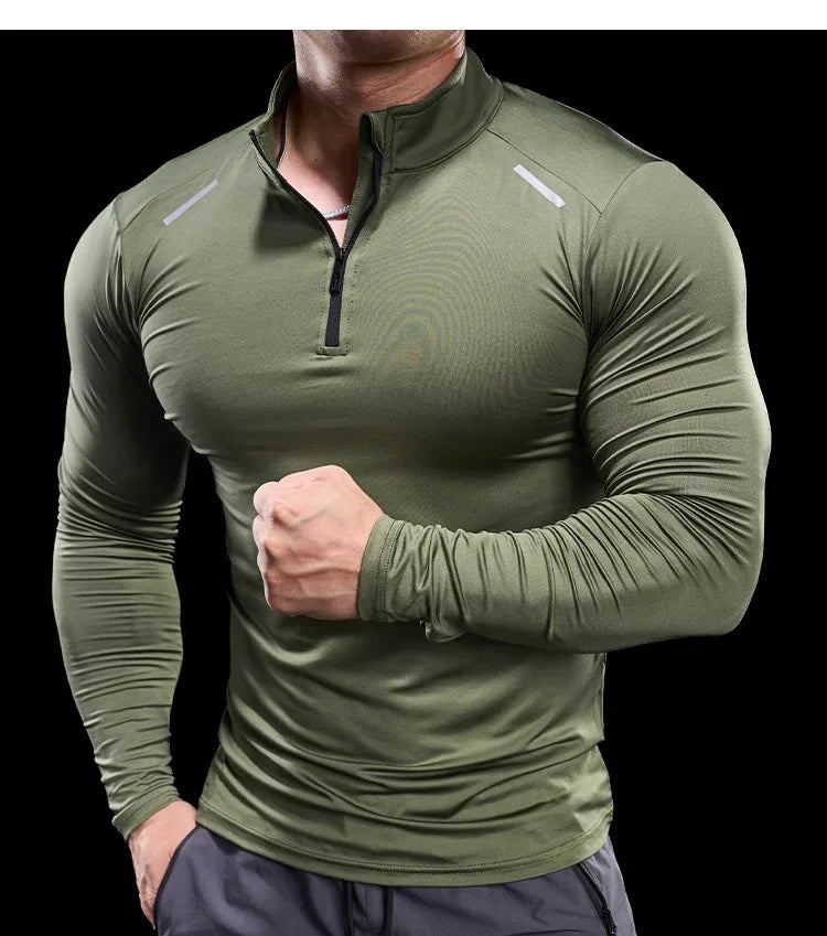 Men Long Sleeve Stand Collar Zipper T-shirt Gym Running Training Fitness Bodybuilding Sport Top Quality Elastic Tight Tops Tees
