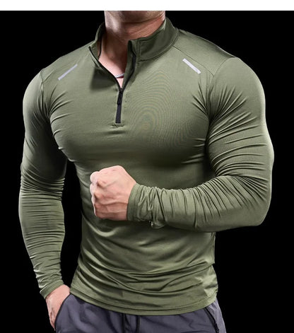 Men Long Sleeve Stand Collar Zipper T-shirt Gym Running Training Fitness Bodybuilding Sport Top Quality Elastic Tight Tops Tees