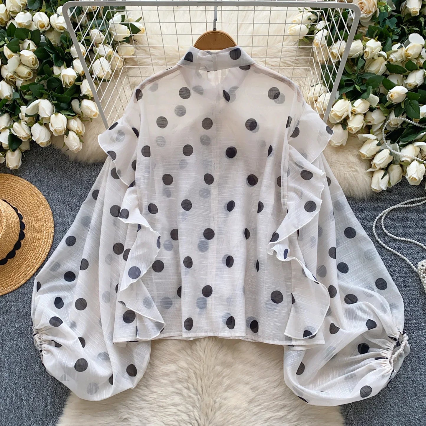Spring Chiffon Polka Dot Blouse Women Bow Collar Long Lantren Sleeve Fashion Casual Streetwear Basics Loose Thin Tops