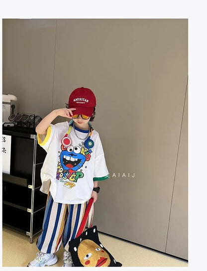 Summer Boys Cotton Contrast Cartoon T-Shirt Tops+Loose Colored Stripes Pant Set School Kids Tracksuit Child 2PCS Outfit 5-16 Yrs