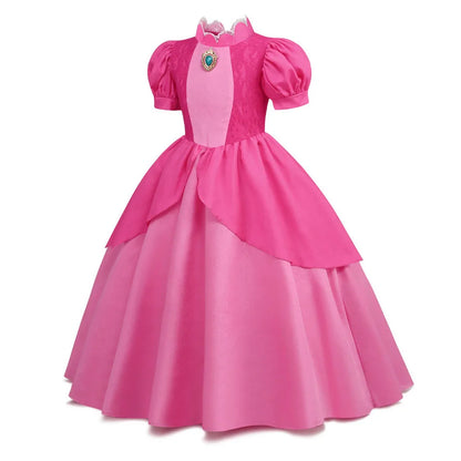 Cosplay Peach Costume for Girl Summer Bubble Sleeve Princess Elegant Dress Kids Halloween Christmas Party Dress Children Clothes