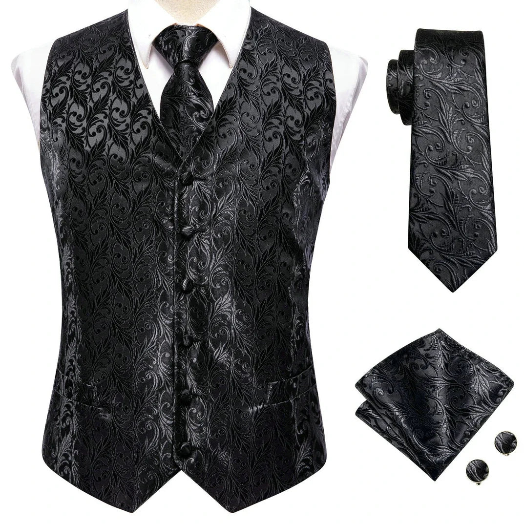 Men's Black Dress Vest Set with Tie Pocket Square Cufflinks - Jacquard Formal Tuxedo Waistcoat Suit Wedding Business Party