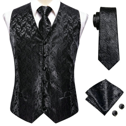 Men's Black Dress Vest Set with Tie Pocket Square Cufflinks - Jacquard Formal Tuxedo Waistcoat Suit Wedding Business Party