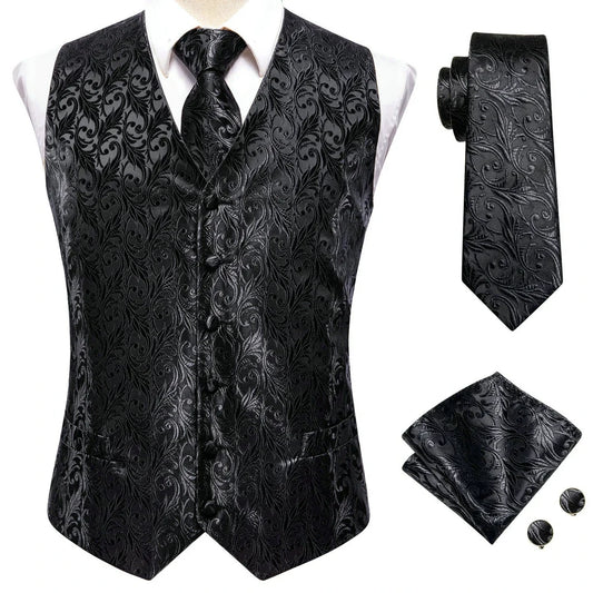 Men's Black Dress Vest Set with Tie Pocket Square Cufflinks - Jacquard Formal Tuxedo Waistcoat Suit Wedding Business Party
