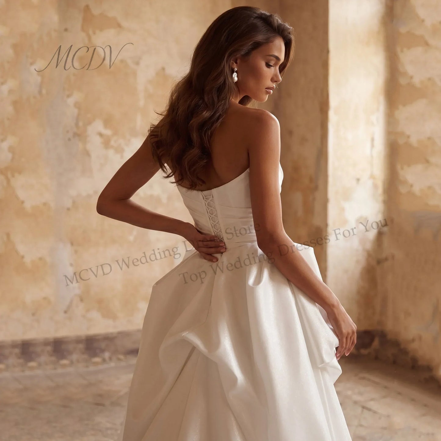 Modern High/Low Satin A-Line Wedding Dresses Women Strapless Open Back Pleat Corset Sleeveless Bridal Party Gowns Customized