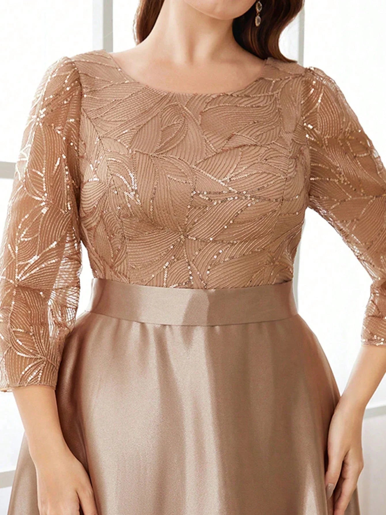Crew neck long sleeve sequin patchwork satin long gown ball dress Party dress Bridesmaid dress