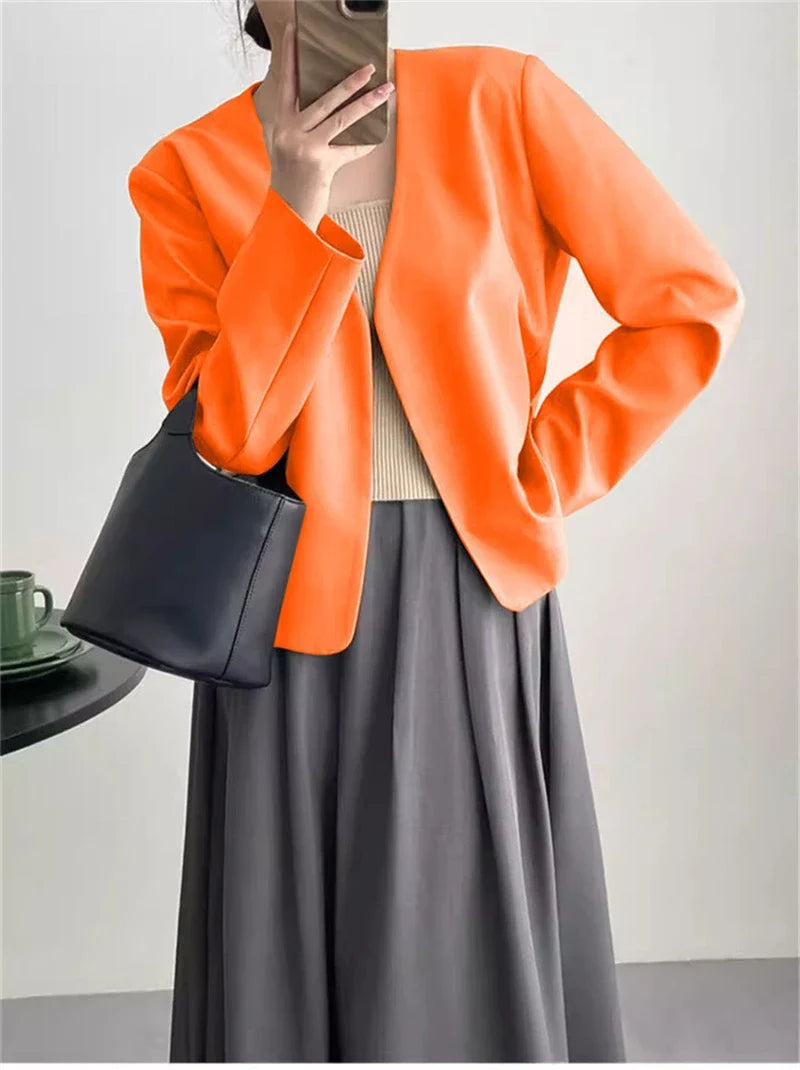 2025 Spring Autumn Fashion New Women's Suit Jackets Solid Short Coats Korean Blazers Long Sleeve Cardigan Coat Without Placket