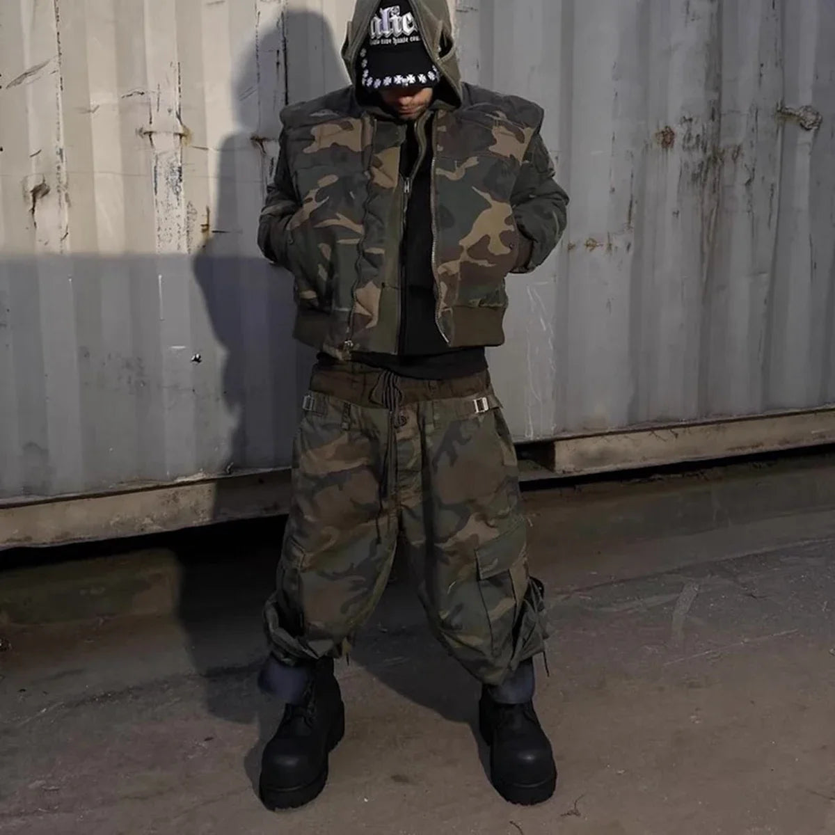 Three Waisted Camouflage Cargo Pants for Men Streetwear Patchwork Baggy Jeans Wide Leg Casual Loose Denim Trousers Oversized