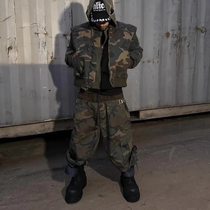 Three Waisted Camouflage Cargo Pants for Men Streetwear Patchwork Baggy Jeans Wide Leg Casual Loose Denim Trousers Oversized
