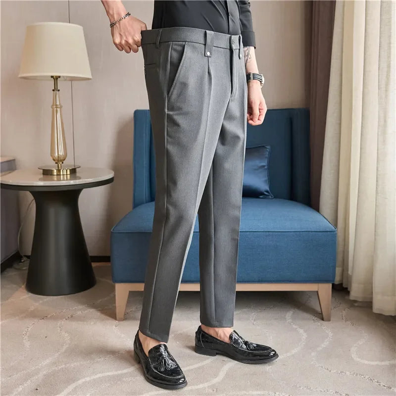 Mens Suit Pants 2026 Spring New British Style Elastic Waist Solid Casual Formal Dress Pants Slim Fit Trousers for Men Clothing