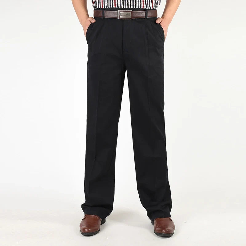Double Pleated Casual Pants Men High Waist Straight Loose Classic Basic Trousers Male Autumn 100% Cotton Black Big Size 42 44 46