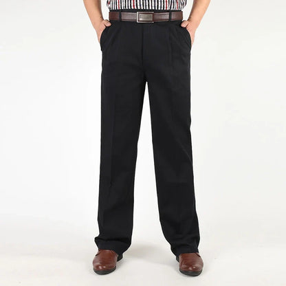 Double Pleated Casual Pants Men High Waist Straight Loose Classic Basic Trousers Male Autumn 100% Cotton Black Big Size 42 44 46