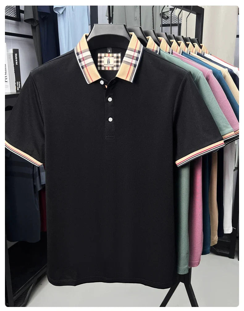 Fashion brand luxury short sleeve polo shirt men summer quality silky cotton breathable business casual striped collar T-shirt