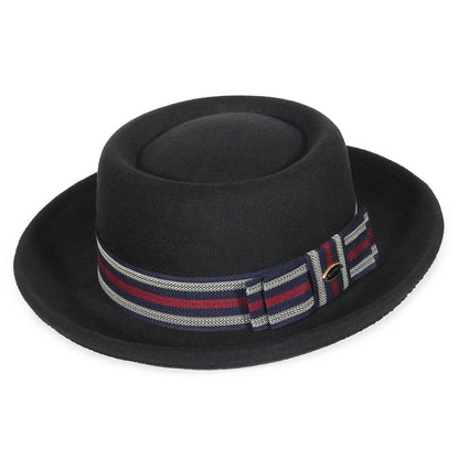 Autumn Winter Pork Pie Fedora Hat for Women Men Soft Felt Curved Brim Porkpie Hats with Hatband Feather