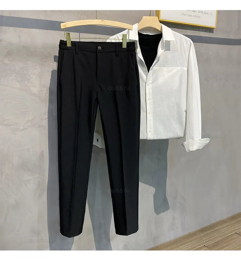 Summer Men's Casual Pants Suit Pant Slim Fit Work Elastic Waist Thin Jogging Business Trousers Male Black Grey Plus Size 40