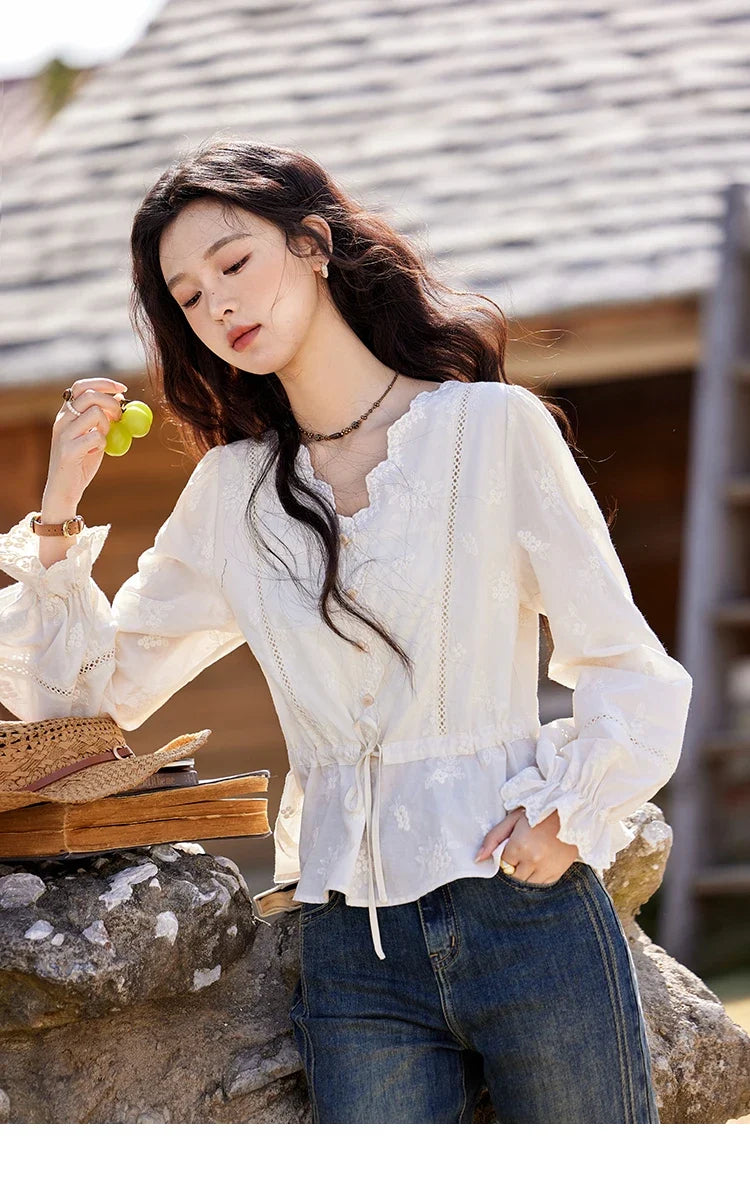 Embroidered Blouse Women 2025 Spring New French Elegant Apricot Lace Premium Drawstring Design V Neck Tops MXE11X1708