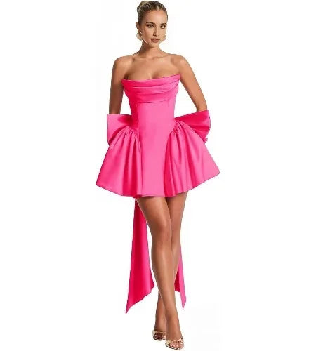 2025 Satin Strapless Back To School Dress with A Large Bow At The Back, Mini Skirt for Teenagers Cocktail Dress Short DanceDress