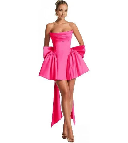 2025 Satin Strapless Back To School Dress with A Large Bow At The Back, Mini Skirt for Teenagers Cocktail Dress Short DanceDress