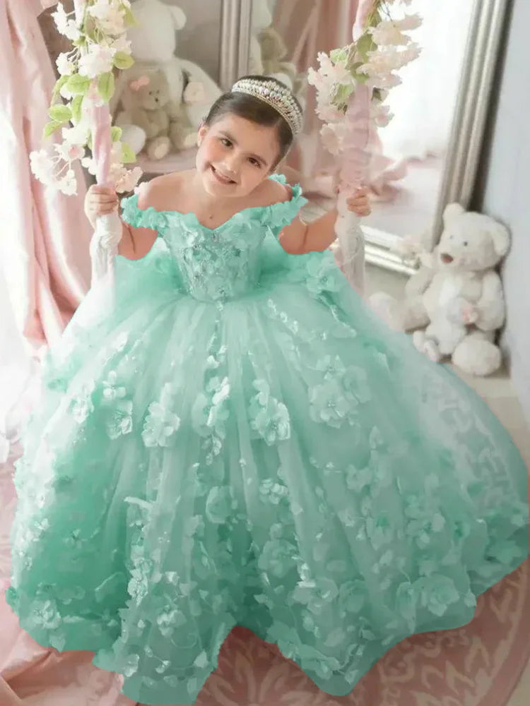 Pink 3d Applique Flower Girl Dress For Wedding Off Shoulder Luxurious Pearls Tulle Child First Eucharistic Birthday Party Dress