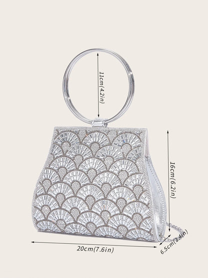 Banquet Bag Wedding Fashion Handbag Silver Artificial Leather Handmade Diamond Chain Bag for Women