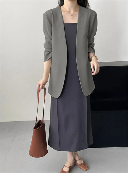 Fashion New Solid Casual Joker Women's Blazer Spring Autumn No Placket Cardigan Suit Jackets V-neck Long Sleeve 19-Color Coats