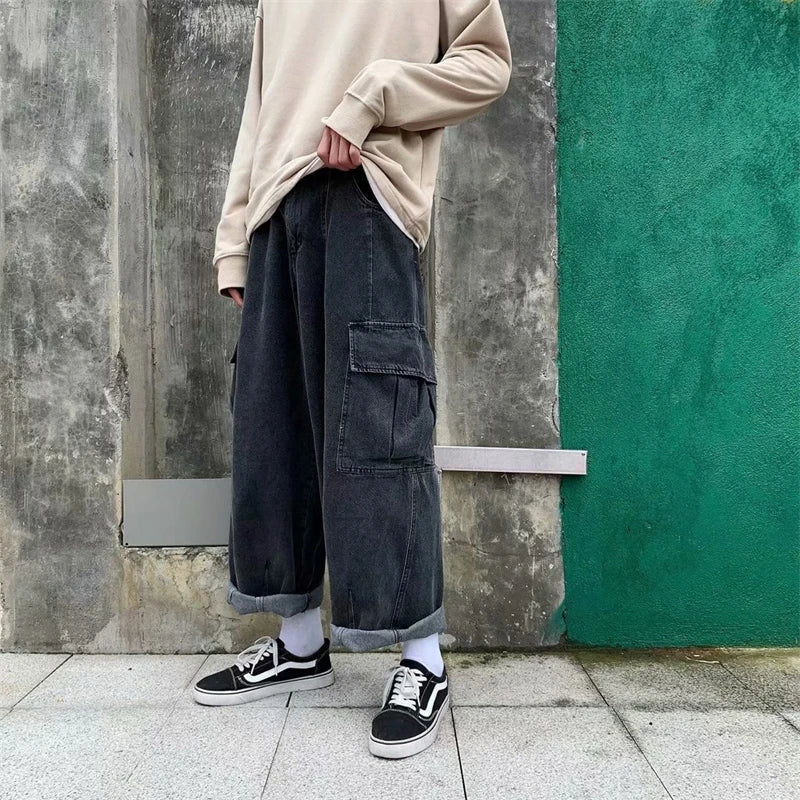 Baggy Jeans Men's Oversize Streetwear Fashion Wide Leg Cargo Pants Hip Hop Harajuku Multi-Pocket Denim Trousers Black Blue