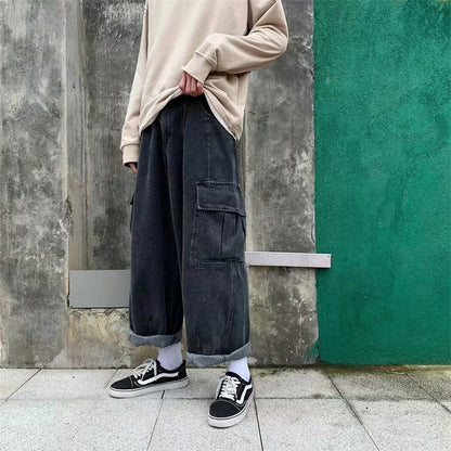 Baggy Jeans Men's Oversize Streetwear Fashion Wide Leg Cargo Pants Hip Hop Harajuku Multi-Pocket Denim Trousers Black Blue