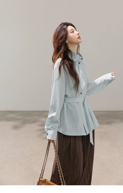 Women's Stand Collar Long Sleeve Shirts Spring Belted Waist Asymmetric Button Tops Casual Loose Solid Shirt MXF13C2459