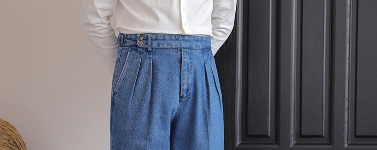 Italian Style Men's High Waist Business Neapolitan Jeans Draped Cuffed Straight Leg Western Pants Youth Trendy Wear Resistant