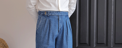 Italian Style Men's High Waist Business Neapolitan Jeans Draped Cuffed Straight Leg Western Pants Youth Trendy Wear Resistant