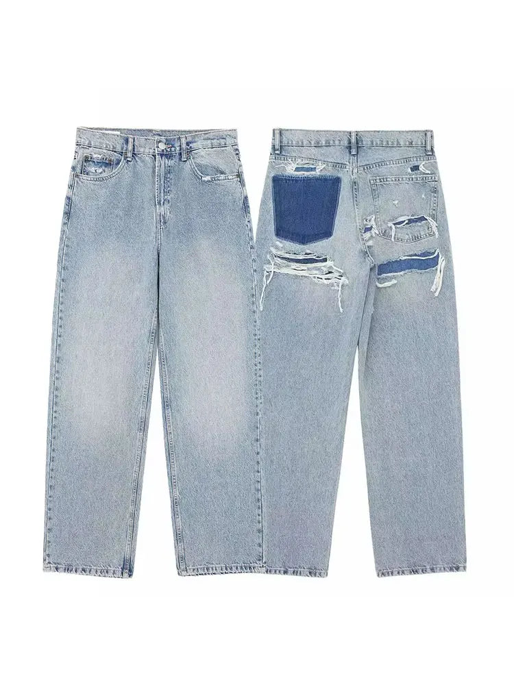 2024 Women's Street Fashion Denim Blue Jeans Distressed Patchwork High Waist Zipper Fly Ripped Retro Long Pants