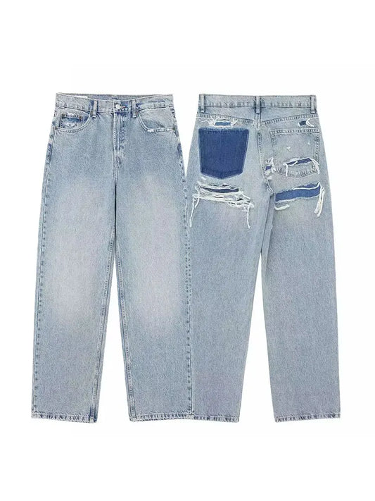 2024 Women's Street Fashion Denim Blue Jeans Distressed Patchwork High Waist Zipper Fly Ripped Retro Long Pants