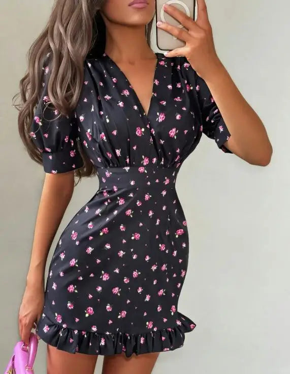 Flora Painted Ruffle Women Elegant Mini Dress Full Sleeve Deep V-neck Slim A-line Vestido 2026 Lady Holiday Street Robes New