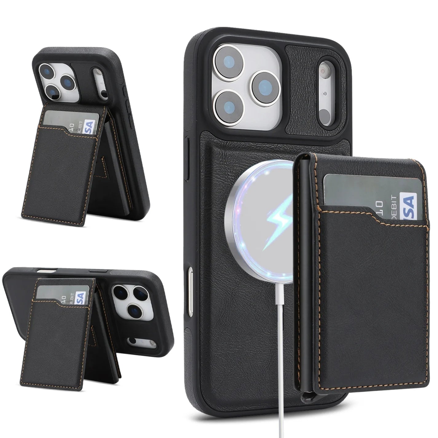 Magnetic Wallet Phone Case for iPhone 13 14 15 16 17 Pro Max, Wireless Charging Foldable Stand, Card Holder Protective Cover