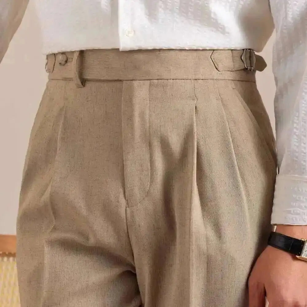 High Waist Linen Suit Pants Men Breathable Straight Leg Office Trousers Men Pantalon Costume Homme Men's Social Trousers