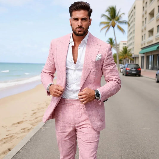 Linen Causal Men Suits for Beach Party Solid Color Business Two Pieces Wedding Tuxedo Set Peak Lapel Suit Jacket with Pants