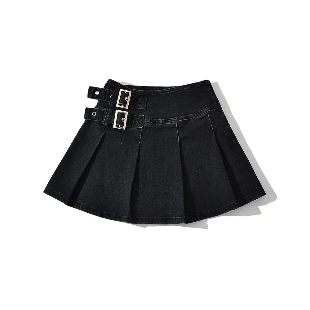2025 Summer New TARUXY Denim Y2k Skirt with Pleats and Belt 90s E-girl Korean Skirts For Women High Street Jeans Short Bottom